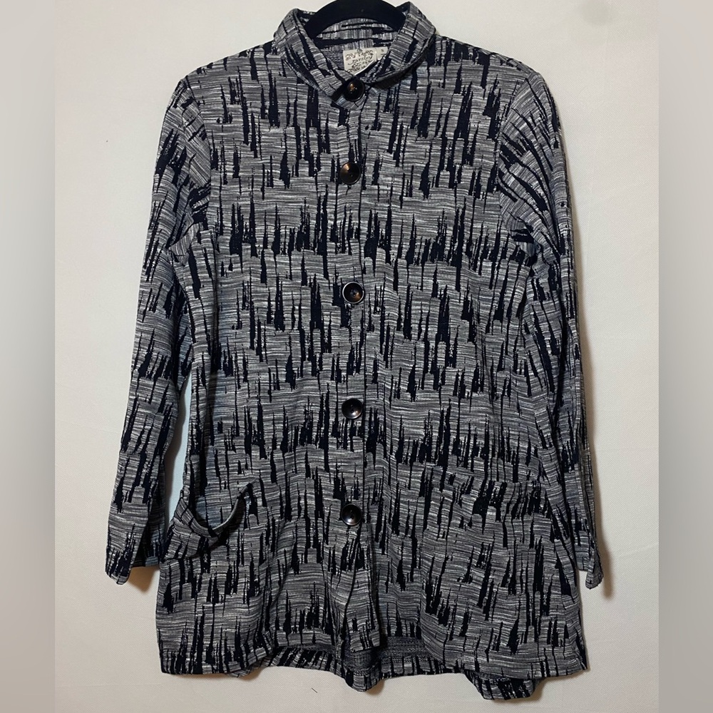 Parsley & Sage Abstract Knit Button Up Jacket Small Black White Gray Art To Wear